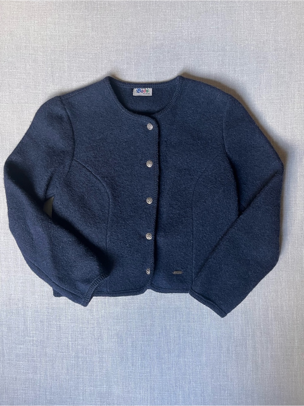 Vintage Boos Austria Navy Boiled Wool Cardigan Jacket with Silver Buttons